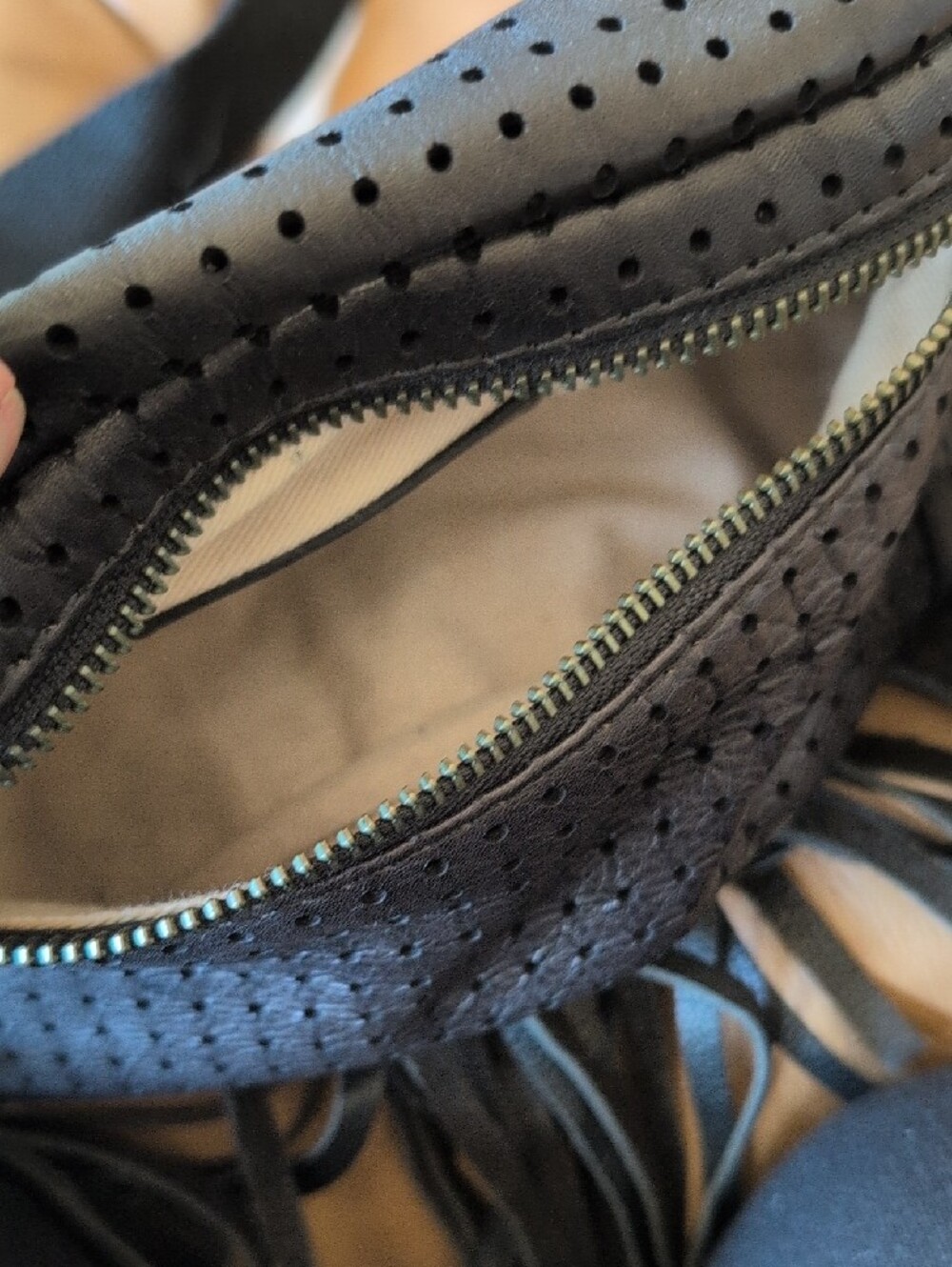 FRYE AND CO. Black Perforated Leather Crossbody Belt Bag with Keyring and Fringe - Picture 4 of 8